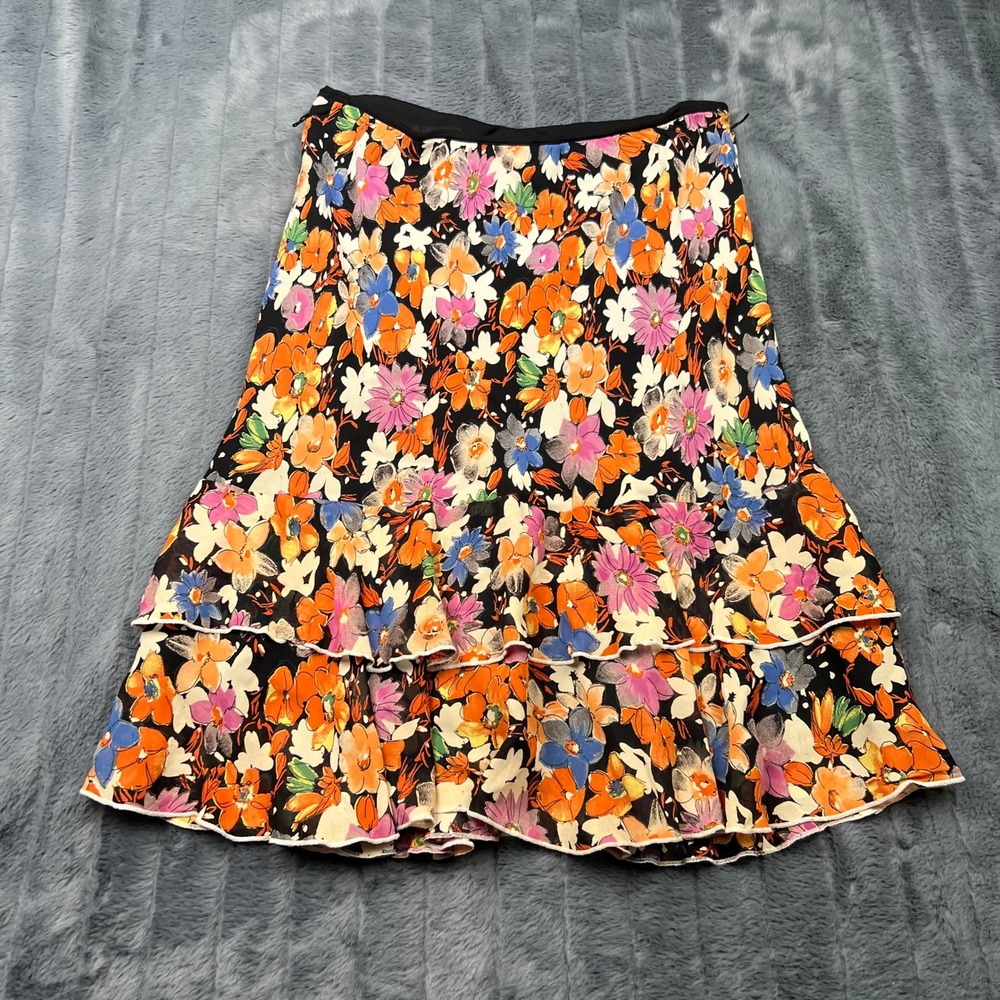 Lily Floral Tiered Ruffle Skirt Womens Large Black Orange Blue Rayon 15016